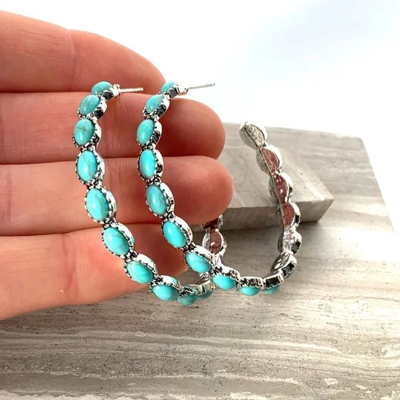 NEW ~ Free People Turquoise Stone "Buckaroo Hoops" Silver Earrings - Picture 6 of 16